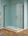 Box doccia angolare in cristallo trasparente e profili oro