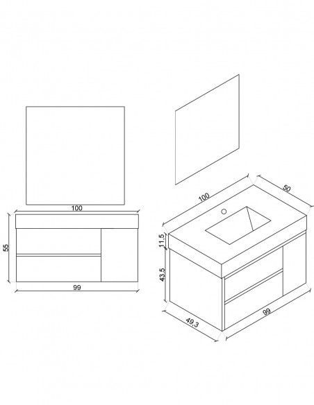 Mobile bagno sospeso modello Aurora con due cassetti composizione composta da base mobile, lavabo, specchio a LED