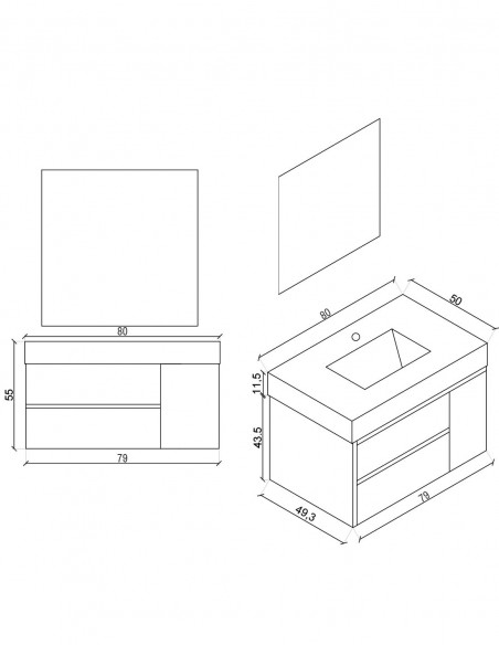 Mobile bagno sospeso modello Aurora con due cassetti composizione composta da base mobile, lavabo, specchio a LED