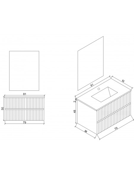 Mobile Bagno Sospeso cannettato con Lavabo in Ceramica e Specchio a LED, Tortora