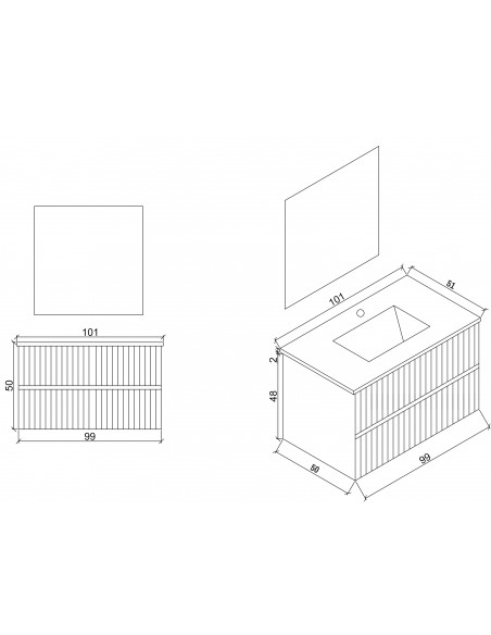 Mobile Bagno Sospeso cannettato con Lavabo in Ceramica e Specchio a LED, Tortora