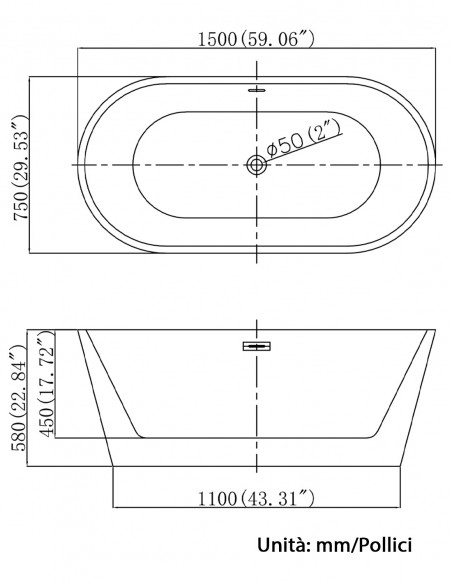 Vasca da Bagno Freestanding in acrilico bianco lucido mod. Romina 150/170/x75x58 cm