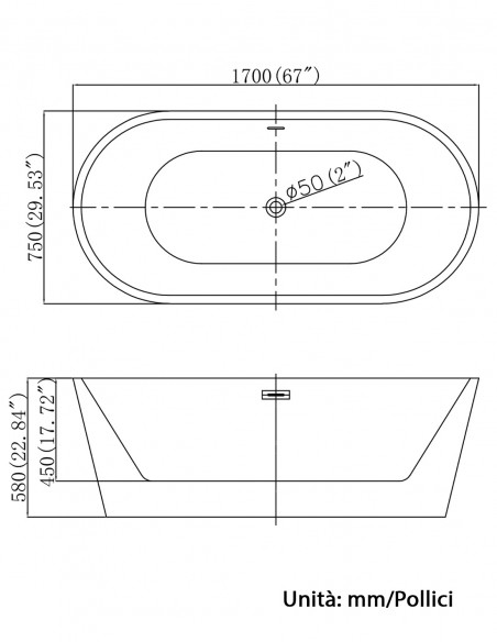 Vasca da Bagno Freestanding in acrilico bianco lucido mod. Romina 150/170/x75x58 cm