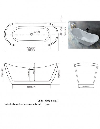 Vasca da Bagno Freestanding in acrilico bianco...