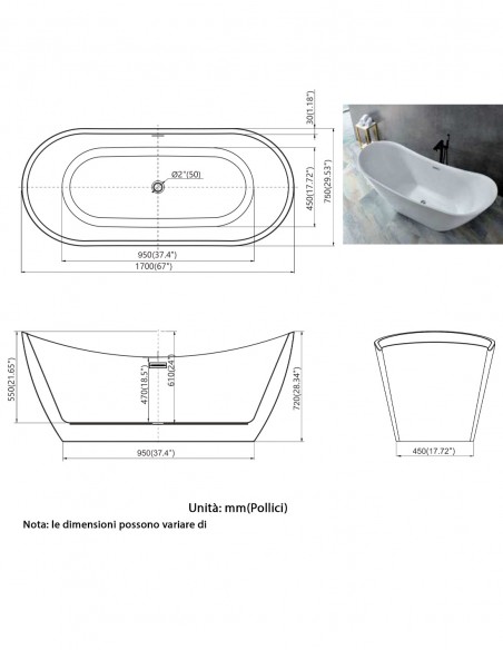 Vasca da Bagno Freestanding in acrilico bianco lucido mod. Noemi 150/170x75x72 cm