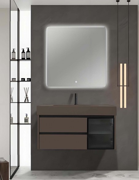 Mobile bagno sospeso modello Aurora con due cassetti composizione composta da base mobile, lavabo, specchio a LED
