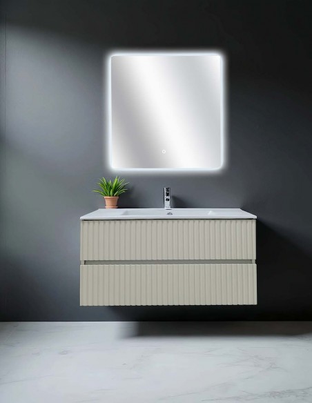 Mobile Bagno Sospeso cannettato con Lavabo in Ceramica e Specchio a LED, Tortora