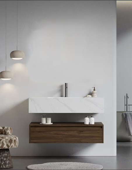 Mobile Bagno Sospeso con un cassettone mod. Sofia 80/100cm – Rovere Scuro con Lavabo in Marmo e  Opzione Specchio LED