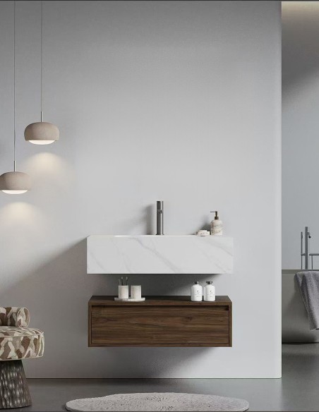 Mobile Bagno Sospeso con un cassettone mod. Sofia 80/100cm – Rovere Scuro con Lavabo in Marmo e  Opzione Specchio LED