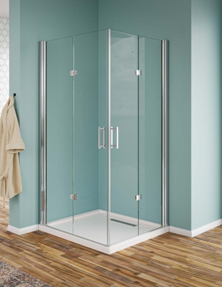 Box doccia angolare con due porte pieghevoli in vetro temperato trasparente 6mm Linea Eny