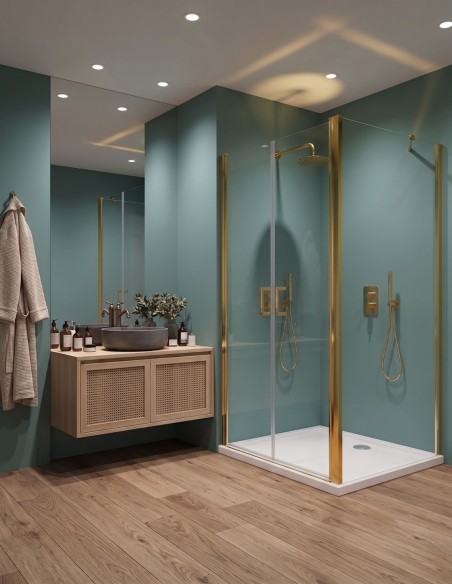 Porta saloon con lato fisso in vetro temperato trasparente 6mm Linea Eny Gold