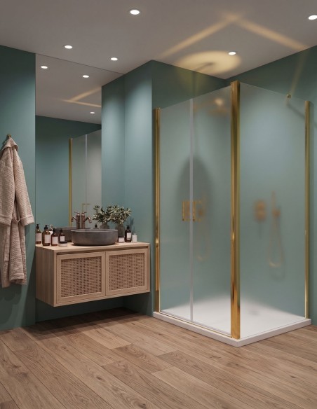 Porta saloon con lato fisso in vetro temperato opaco 6mm Linea Eny Gold