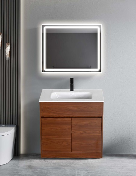 Mobile Bagno a Terra ASIA con Lavabo - Finitura Rovere Scuro e Chiaro 60 / 70 / 80 cm - Opzione Specchio LED