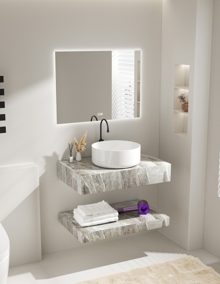 Mensolone Bagno Sospeso Effetto Marmo con Lavabo ciotola e Mensola Inferiore 80/100 cm (Specchio LED Opzionale)