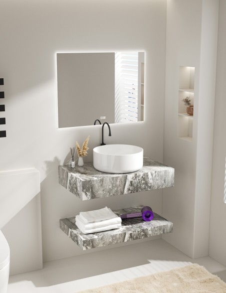 Mensolone Bagno Sospeso Effetto Marmo con Lavabo ciotola e Mensola Inferiore 80/100 cm (Specchio LED Opzionale)