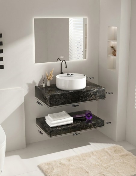 Mensolone Bagno Sospeso Effetto Marmo con Lavabo ciotola e Mensola Inferiore 80/100 cm (Specchio LED Opzionale)