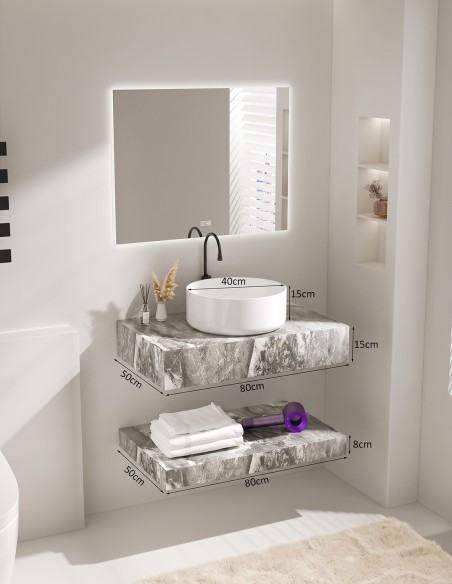 Mensolone Bagno Sospeso Effetto Marmo con Lavabo ciotola e Mensola Inferiore 80/100 cm (Specchio LED Opzionale)