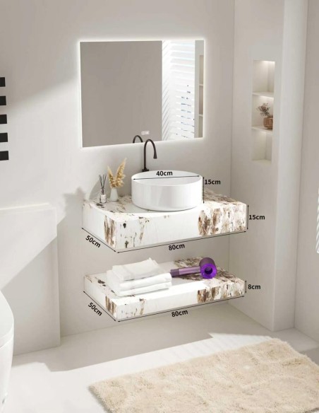 Mensolone Bagno Sospeso Effetto Marmo con Lavabo ciotola e Mensola Inferiore 80/100 cm (Specchio LED Opzionale)